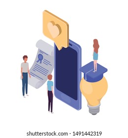 group of people with smartphone screen and email notifications