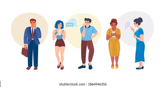 Group people with smartphones. Man woman elderly students сhatting, making selfie, listening music, talking using smartphones. Social networking, social media, online communication and business vector