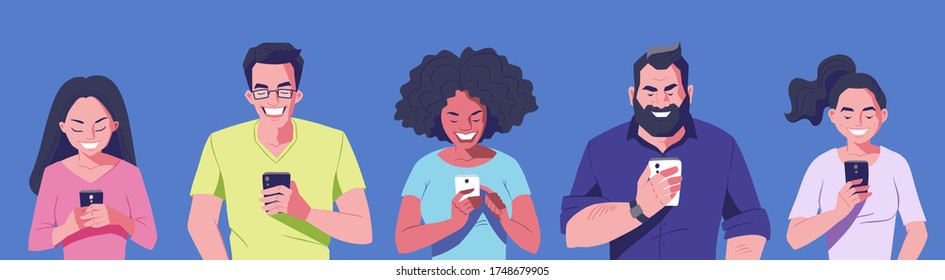 Group of people with smartphones. Men and women holding mobile phone in hands. Online communication concept banner. Vector character illustration.