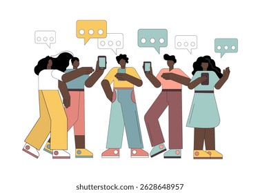 Group of people with smartphones. Men and women communicating while holding mobile phones in their hands