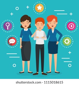 group of people with social media marketing icons