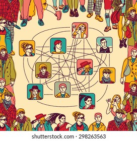 Group people social network connection color. Metaphor of contemporary human relations. Color vector illustration.