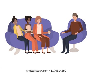 group of people in sofa drinking coffee