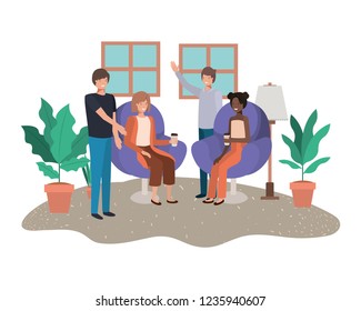 group of people in sofa drinking coffee in livingroom