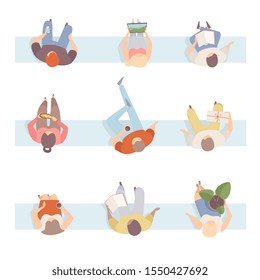 Group Of People In Some Action Sitting On The Bench Flat Vector Illustration Set