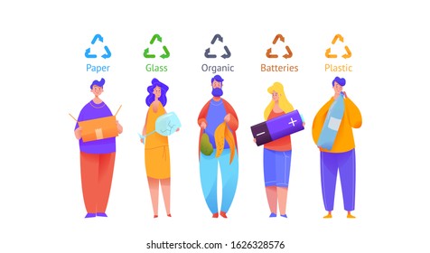 Group of people sort trash in multi-colored bins. Men and women are holding huge objects in their hands. Metaphor separate garbage collection. Flat vector illustration on isolated background