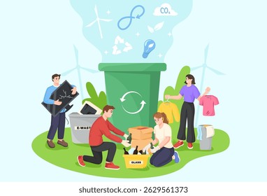Grupo de pessoas que seleciona lixo eletrônico, vidro e roupas para reciclagem com símbolos ecológicos sobre um compartimento verde sobre um fundo azul claro. Ilustração vetorial