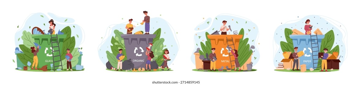 Eine Gruppe von Menschen sortiert Müll in große, gekennzeichnete Mülleimer für Glas-, Bio-, Metall- und Papierabfälle, Cartoon-Stil auf weißem Hintergrund. Vektorgrafik