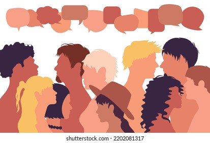 Group Of People Speaking. Multiracial Social Network. Vector Cartoon Coloured Profile. Voices In A Crowd. Crowd Speaks. Multiracial And Multicultural Group Speaking At The Same Time.