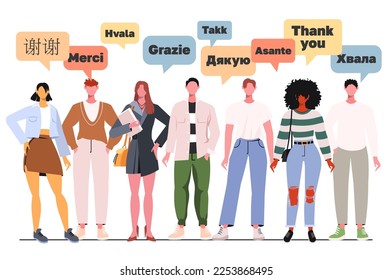 Group of people speaking Thank You in various international languages. International Thank You Day. Dialogues between characters. Flat vector illustration isolated on white.