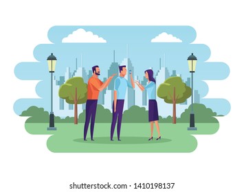 group of people speaking through the cellphone avatar cartoon character in the park and cityscape background vector illustration graphic design