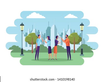 group of people speaking through the cellphone avatar cartoon character in the park and cityscape background vector illustration graphic design