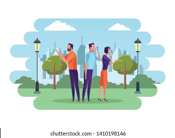 group of people speaking through the cellphone avatar cartoon character in the park and cityscape background vector illustration graphic design