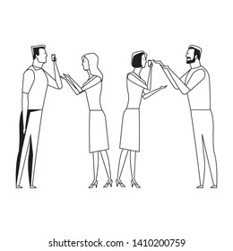 group of people speaking through the cellphone avatar cartoon character black and white vector illustration graphic design