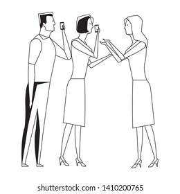 group of people speaking through the cellphone avatar cartoon character black and white vector illustration graphic design