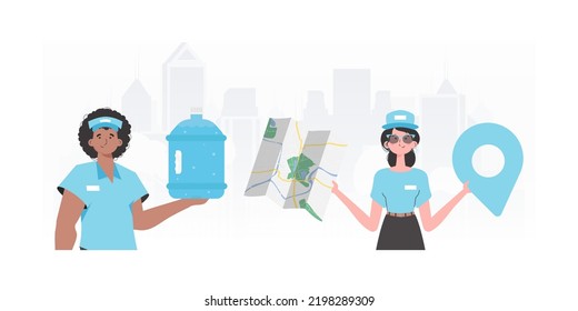 A group of people specializing in the delivery of water. Modern trendy style. Vector illustration.
