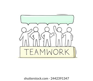 Group of people with speech bubble. Icon of community talk, team conversation. Crowd of cute characters speak together. Teamwork, communication concept, vector hand drawn illustration