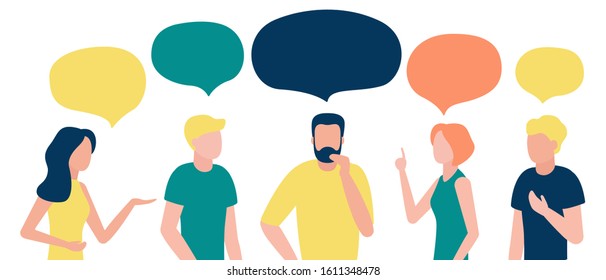 Group of people with speech bubble. Men and women communicate, talk, discuss, debate, reason, prove, chat, draw conclusions. Businessmen discuss news, social issues, negotiate. Vector illustration