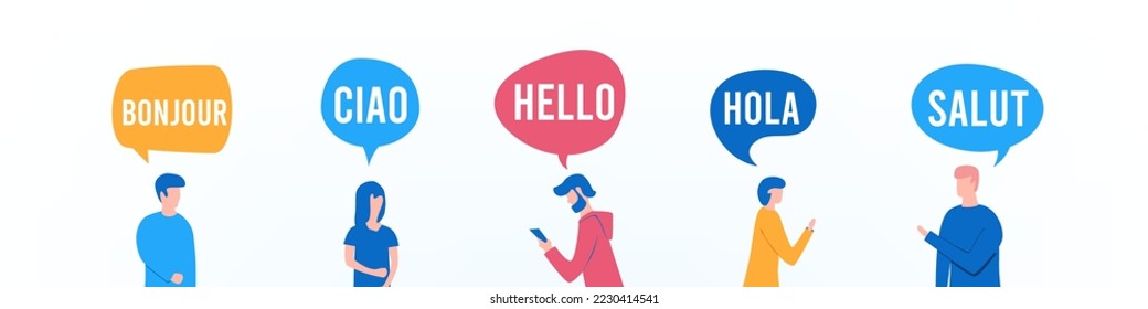 Group of people with speech bubble and word hello by different language illustration