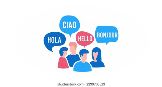 Group of people with speech bubble and word hello by different language illustration