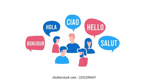 Group of people with speech bubble and word hello by different language illustration