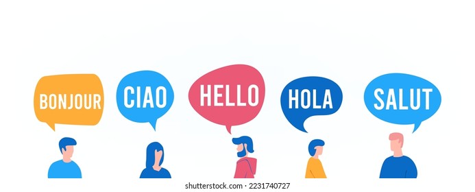 Group of people with speech bubble and word hello by different language illustration