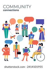 Gruppe von Menschen mit Sprechblasen, Gemeinschaft, Familie oder Nachbarschaft stehen zusammen. Charaktere im geometrischen lustigen modernen Stil. Farbiges Konzept, Vektordesign und Illustrationen