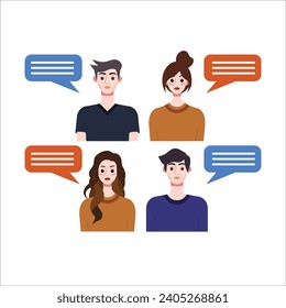 Grupo de personas con burbujas de voz. Ilustración vectorial en estilo plano.