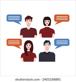 Grupo de personas con burbujas de voz. Ilustración vectorial en estilo plano.