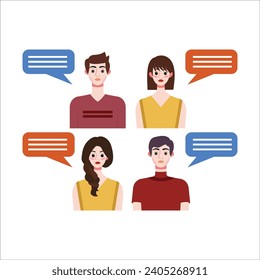 Grupo de personas con burbujas de voz. Ilustración vectorial en estilo plano.
