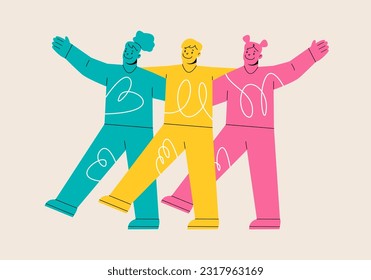 Group of people spend time together, walking with friend. Support concept. Colorful vector illustration
