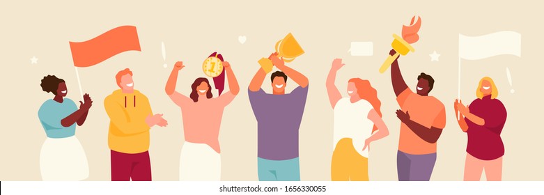 Group of people with sports symbols in their hands. Olympiad and fans vector illustration