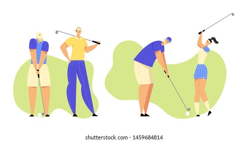 Group of People in Sports in Uniform Playing Golf on Green Field, Hitting Ball to Hole with Professional Equipment, Sport Game, Tournament, Summer Luxury Recreation. Cartoon Flat Vector Illustration