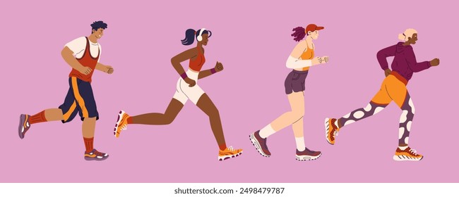 Group of people in sportswear running. Happy and fulfilling life. Sports marathon running. Daily activity and healthy lifestyle. Vector illustration isolated on transparent background.