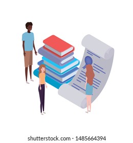 group of people with stack of books on white background