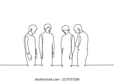 group of people stand in a circle with their heads down, they are sad or look at something in the center on the floor - one line drawing vector