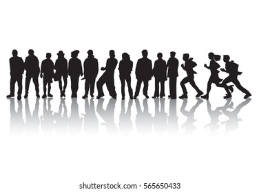 Group people stand in line black and white silhouette objects. Monochrome vector illustration. EPS8