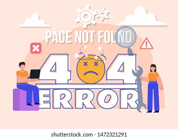 Group of people stand near big 404 error words. Page not found poster. Flat design vector illustration. Poster for social media, web page, banner, presentation