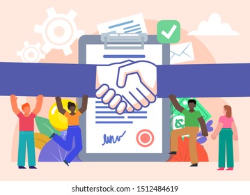 Group of people stand near big document. Handshake, business deal, successful agreement concept. Poster for social media, web page, banner, presentation. Flat design vector illustration