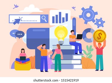 Group of people stand near big megaphone. Advertisement, promotion in internet, social media. Poster for social media, web page, banner, presentation. Flat design vector illustration