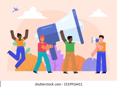 Group of people stand near big megaphone. Public relations, SMM, advertise or promote concept. Poster for social media, web page, banner, presentation. Flat design vector illustration