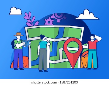 Group of people stand near big map. Contacts, coordinates on map, online taxi service concept. Poster for social media, web page, banner, presentation. Flat design vector illustration