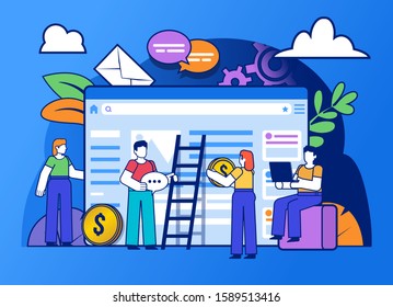 Group of people stand near big web page. Website or web app creation process. Poster for social media, web page, banner, presentation. Flat design vector illustration