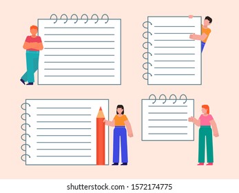 Group of people stand near various paper or notepad banners. Flat design vector illustration