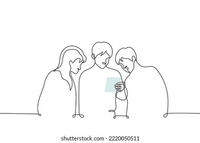 group of people stand and read a note (small sheet of paper) - one line drawing vector. concept family reads a family member's farewell message