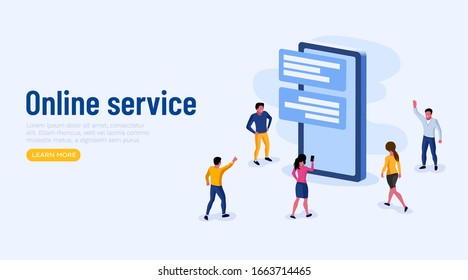 Group of People standing around big smartphone. Online communication and social media concept. Vector illustration