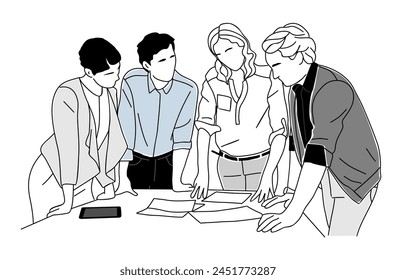 A group of people are standing around a table looking at documents. They are all dressed in business attire. Meeting, brainstorming, startup, teamwork concept. Vector outline drawing isolated.