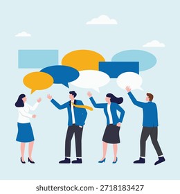 Grupo de personas están de pie alrededor y hablando entre sí, la escena del empleado es amigable y social
