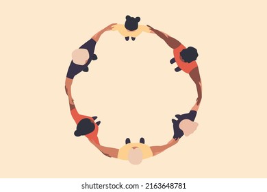 Group of people standing in a circle. Diversity concept. Top view. Diverse community or team. Men and women standing together. Cohesion, unity or solidarity concept. Flat vector illustration