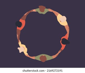 Group Of People Standing In A Circle. Diversity Concept. Top View. Diverse Community Or Team. Black And White People Standing Together. Cohesion, Unity Or Solidarity Concept. Flat Vector Illustration